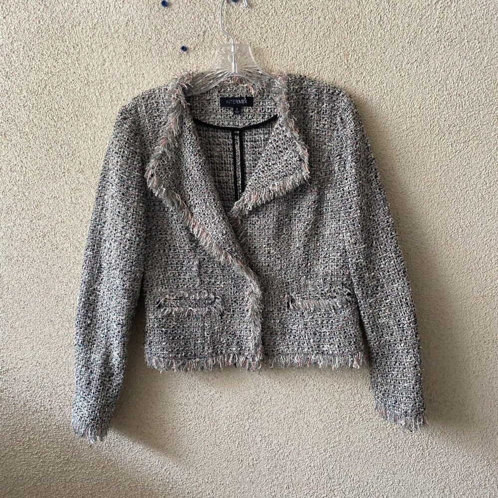Intermix Womens Jacket Black White Fringed Tweed Blazer Frayed Evening Size 2